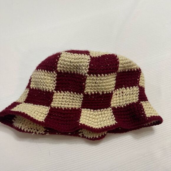 Maroon Creme Checkered Crochet Hat - Picture 1 of 7